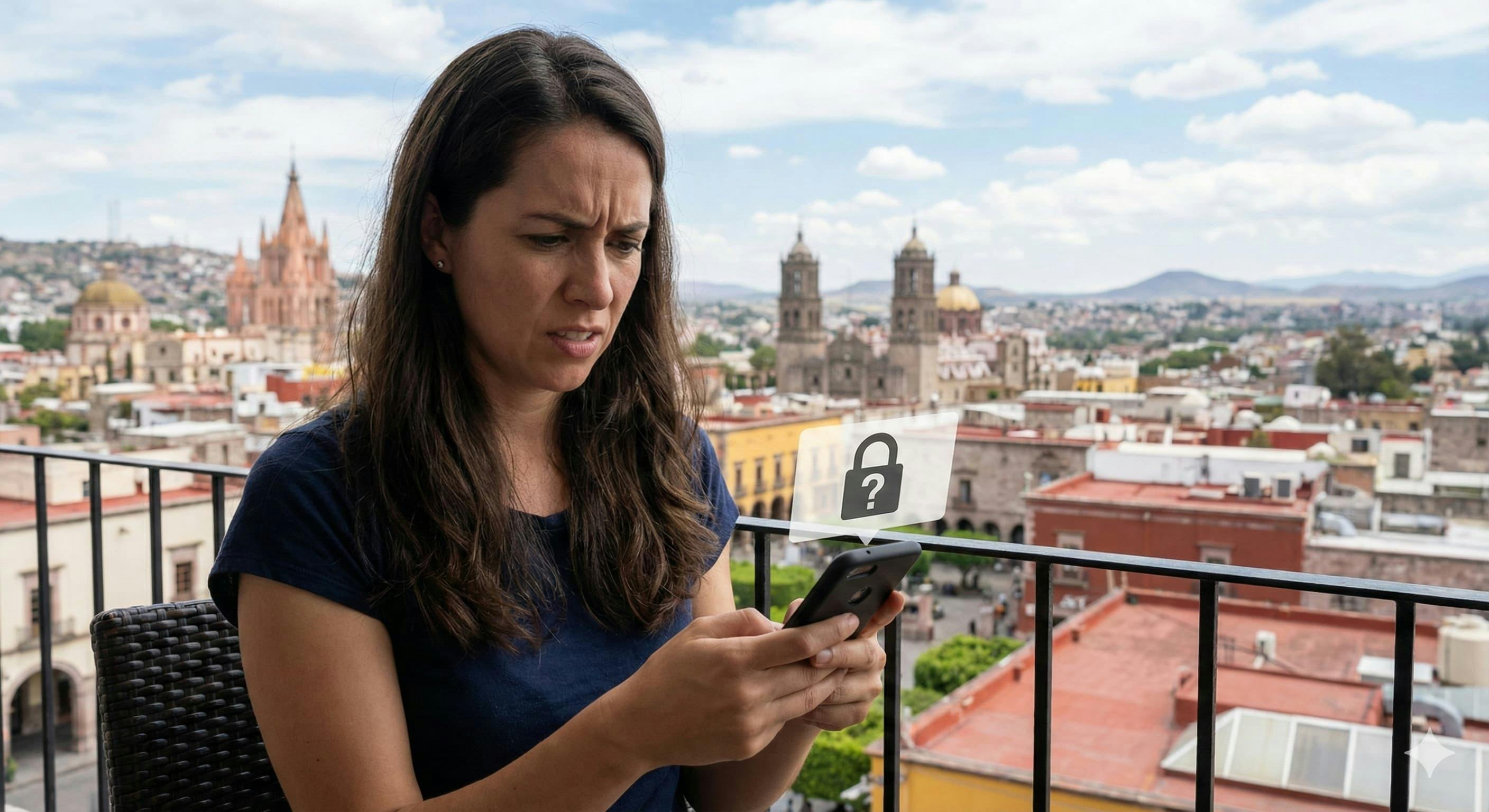 A person looking frustrated at their phone with Mexican cityscape in background, representing privacy concerns