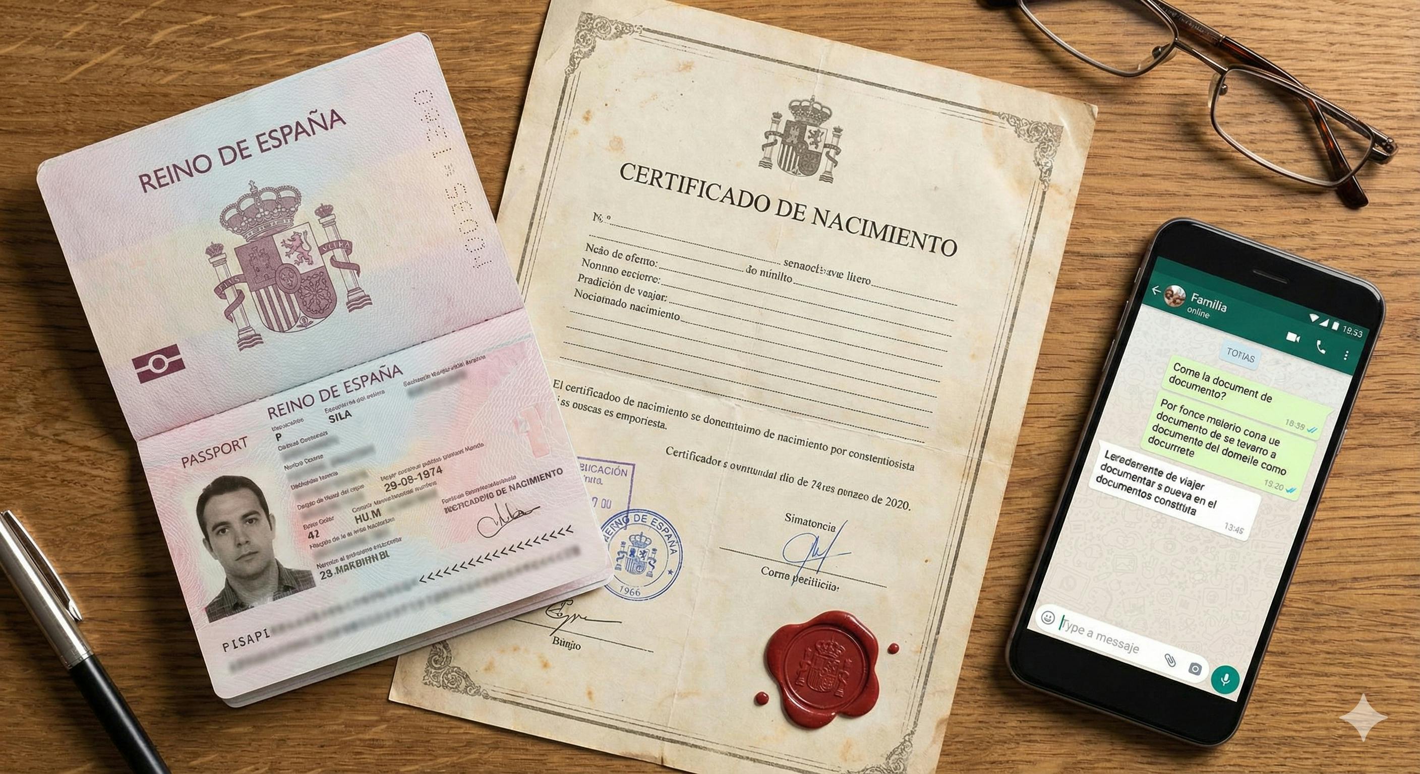 Flat-lay image showing passport, birth certificate, and phone with WhatsApp open