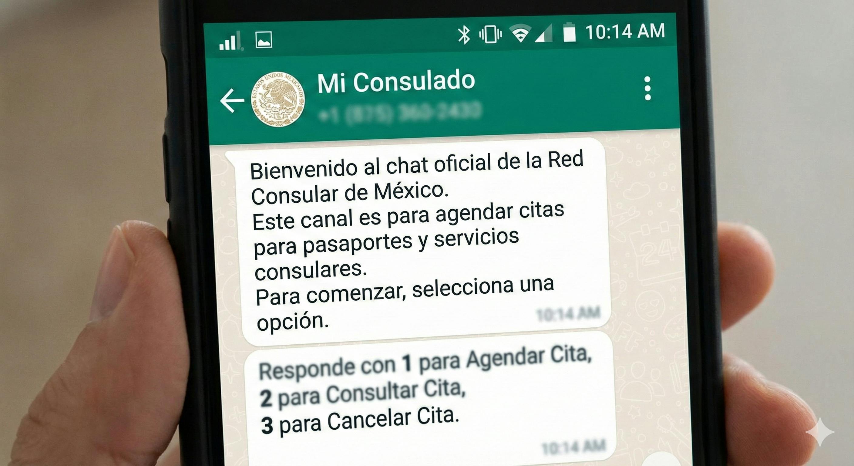 Screenshot of the initial WhatsApp welcome message from Mi Consulado