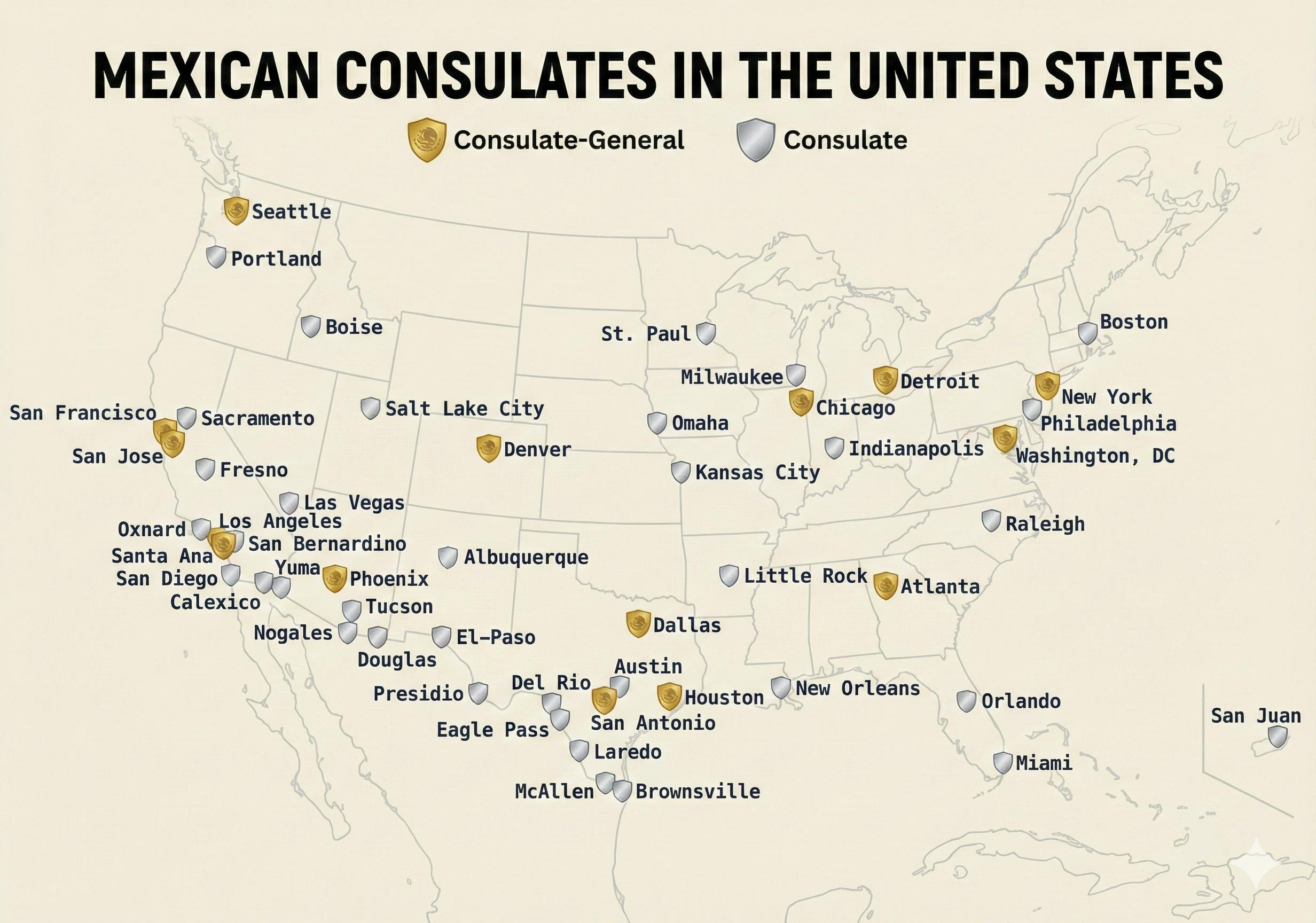 Map graphic showing Mexican consulate locations across the US and Canada