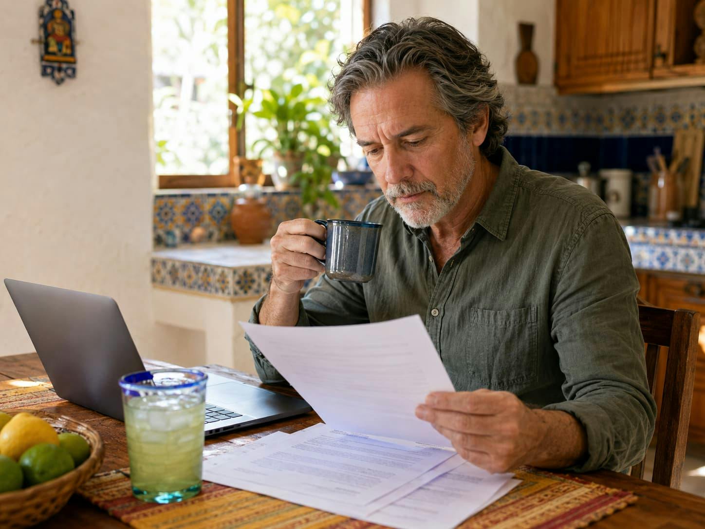Expat reviewing insurance documents at a kitchen table