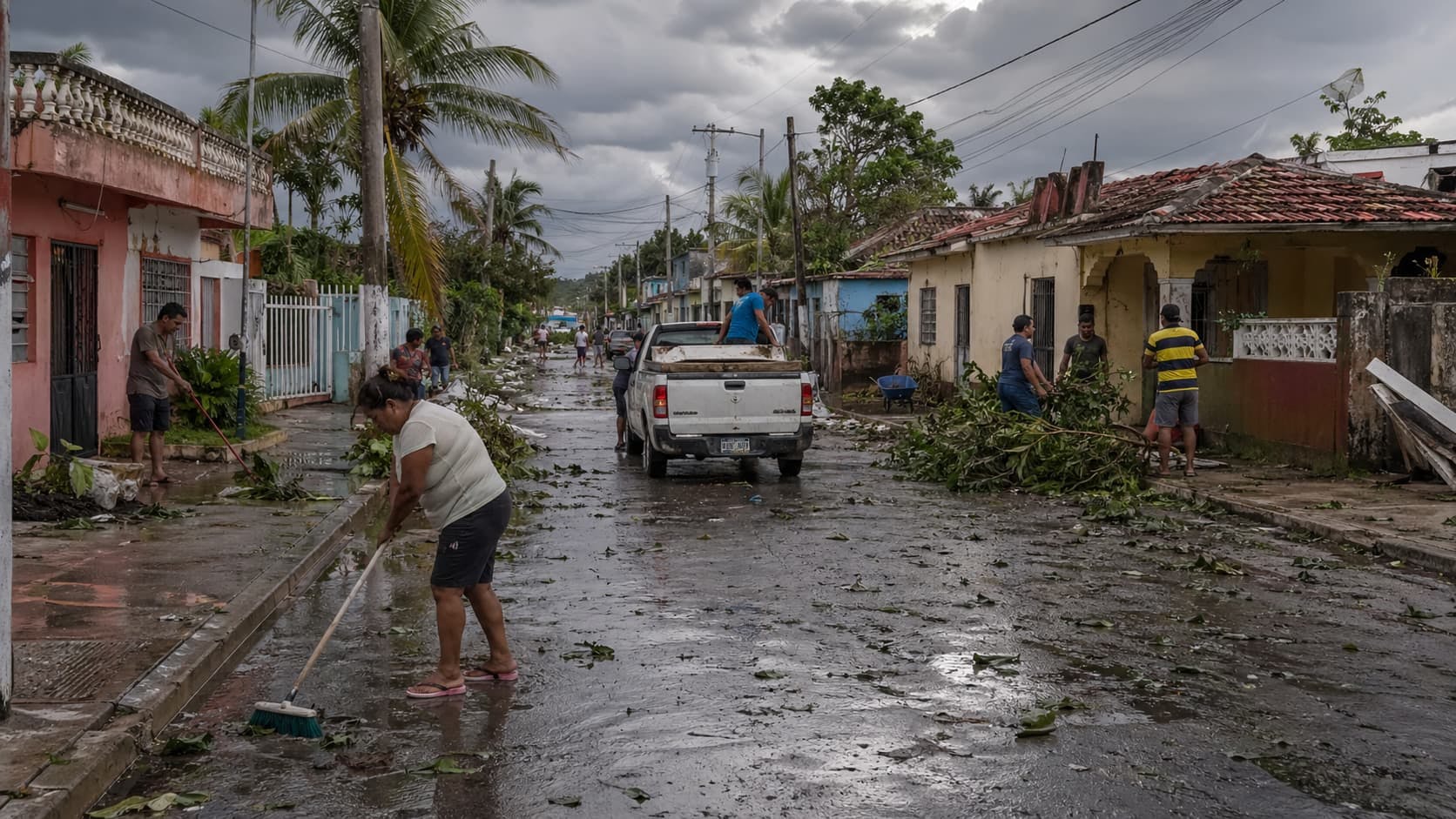 Mexican neighborhood after hurricane with cleanup beginning