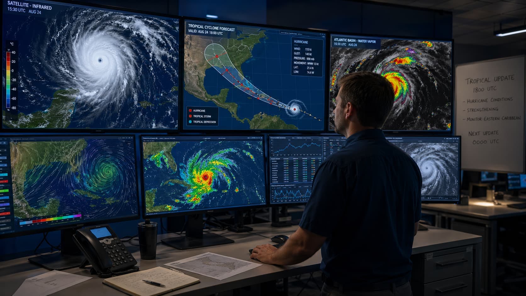 Forecaster reviewing tropical cyclone activity on multiple monitors