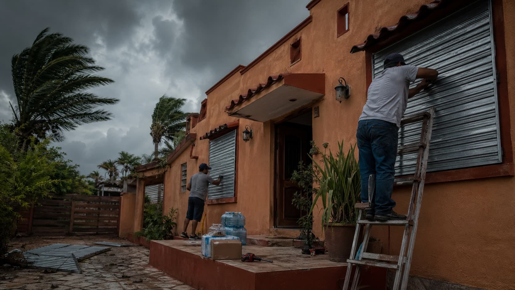 Mexican home with hurricane shutters being installed before a storm