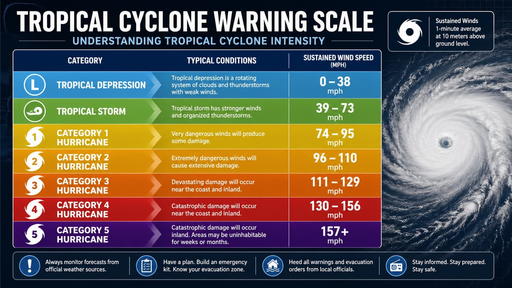 Color-coded hurricane warning chart