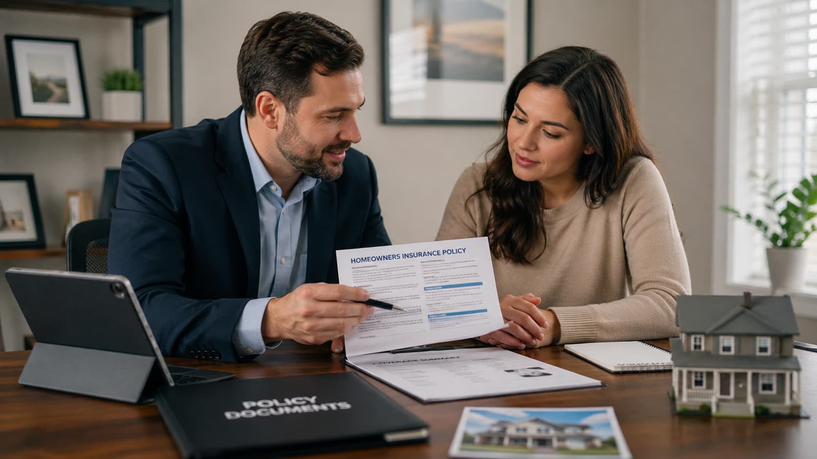 Insurance broker reviewing a policy with a homeowner