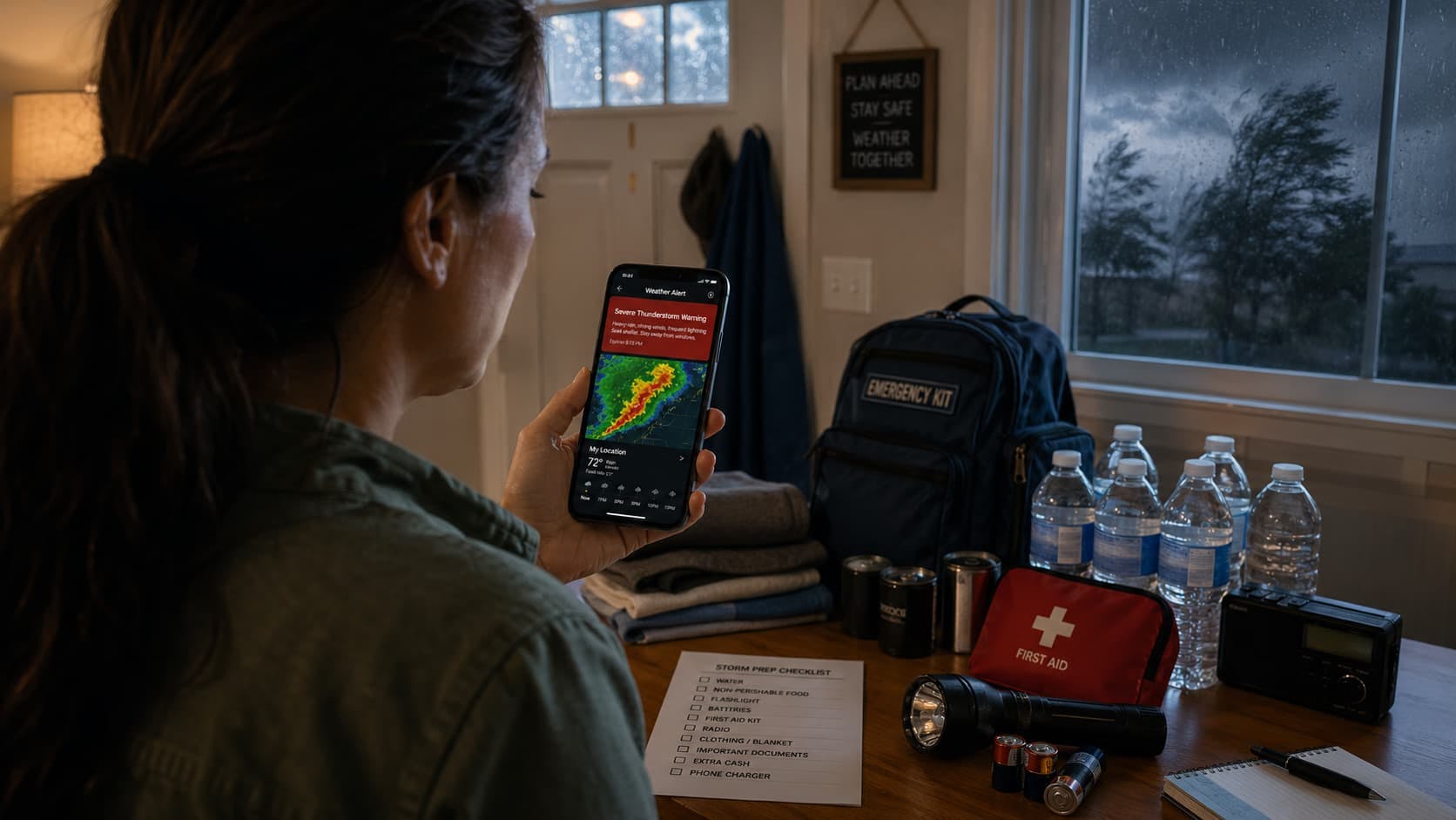 Person checking weather app on phone during storm preparation
