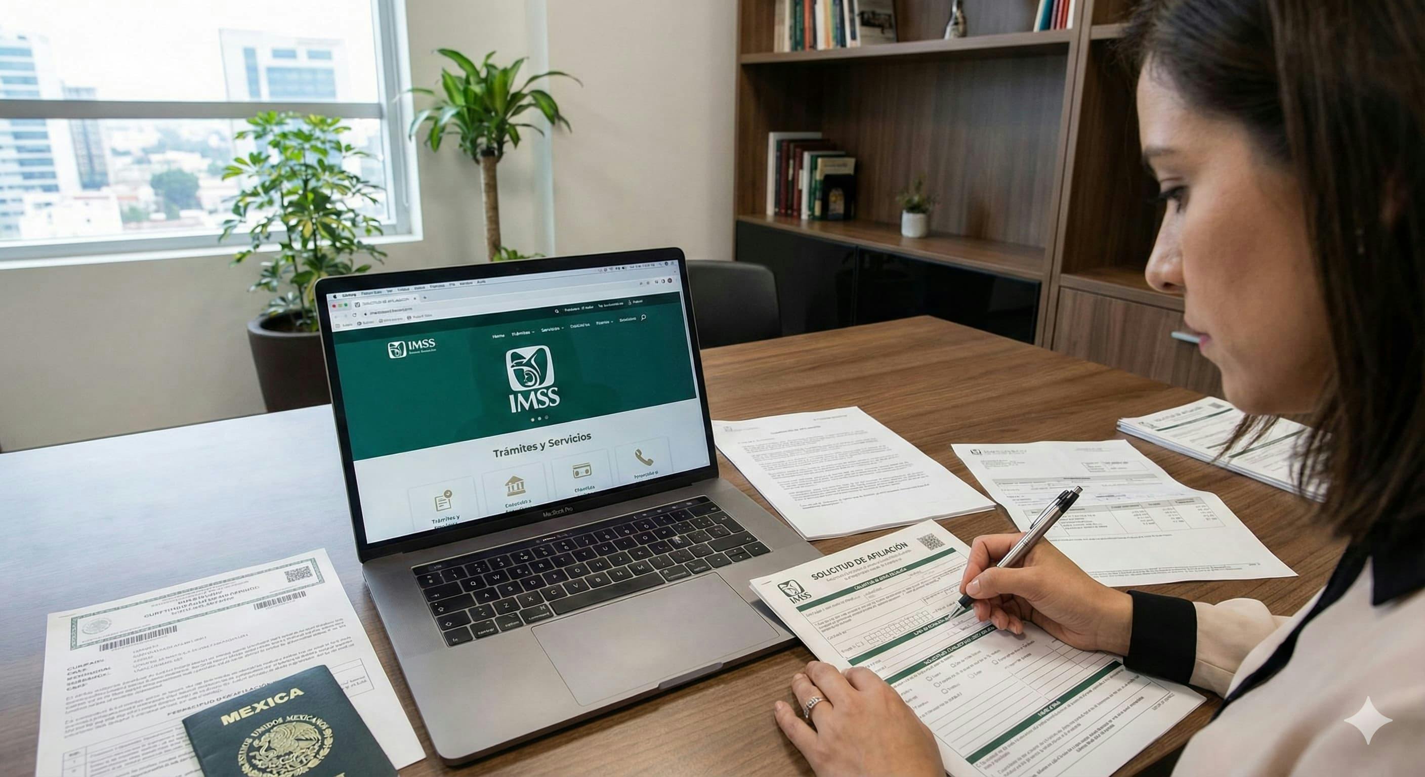 A person filling out paperwork at a desk with a laptop showing the IMSS website, documents spread out nearby. Professional office setting.