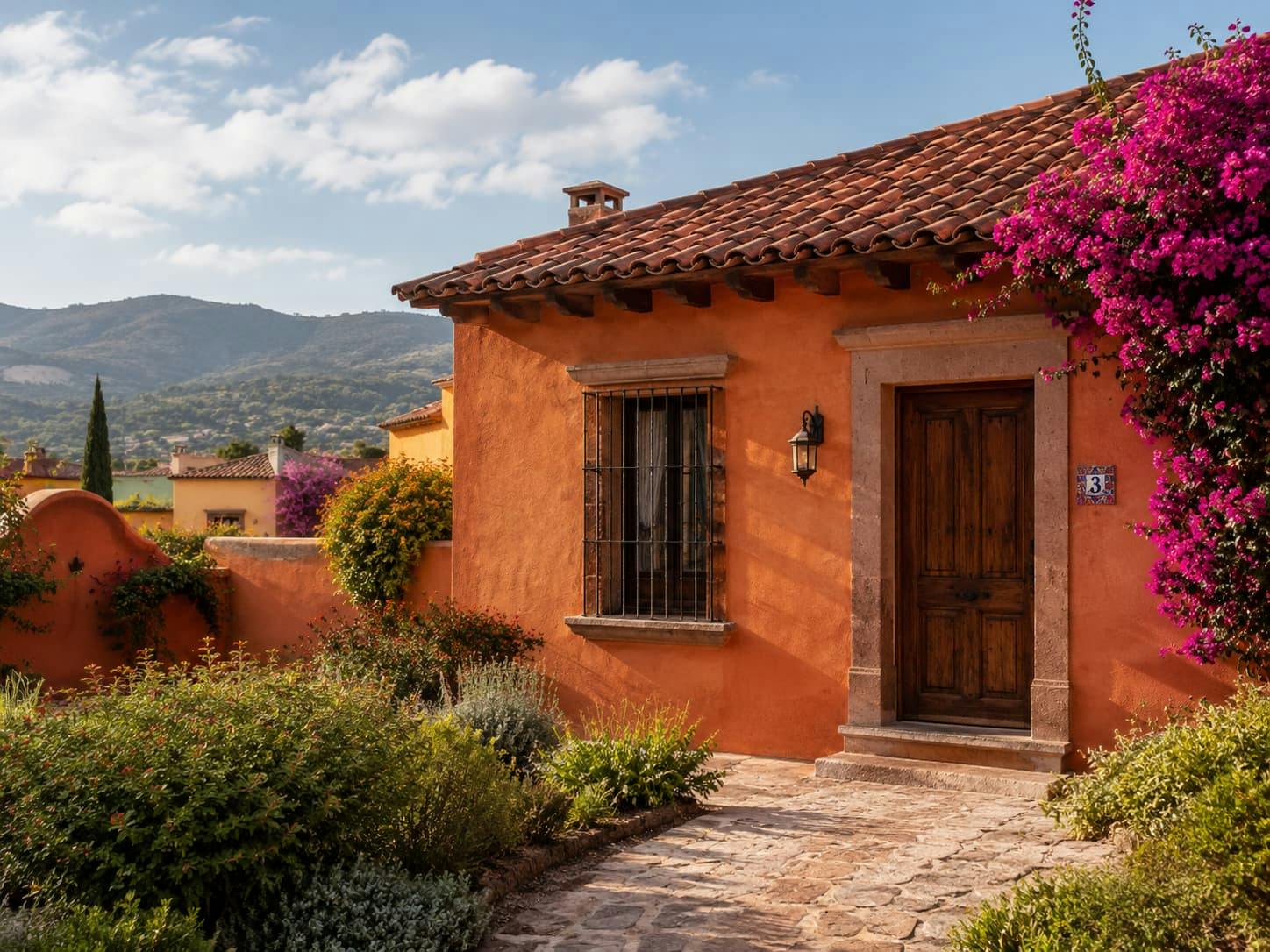 Mexican home with terracotta roof tiles and bougainvillea