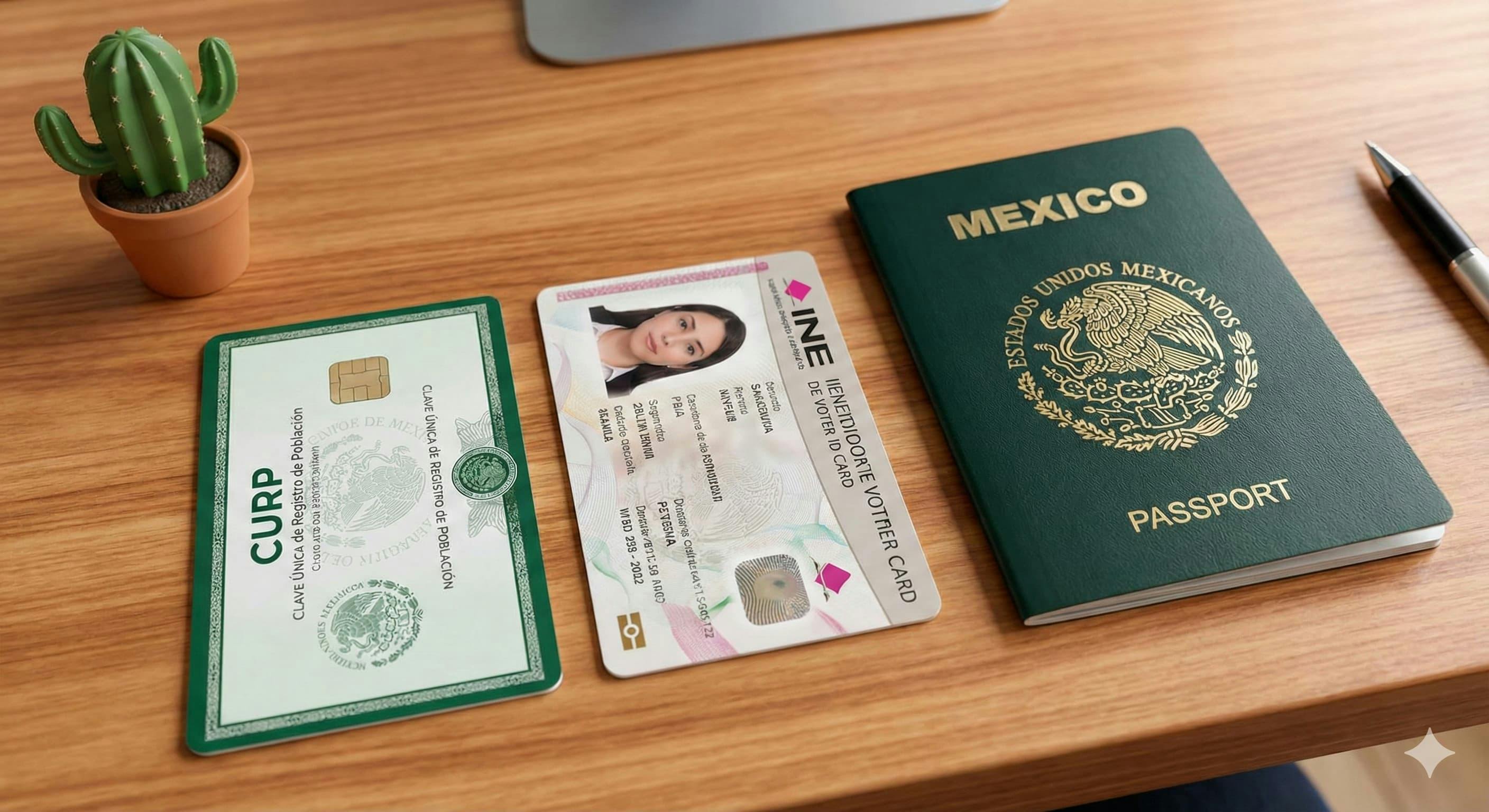 A close-up of Mexican identification documents including CURP card, INE voter ID, and passport arranged on a desk. Clean, organized presentation.