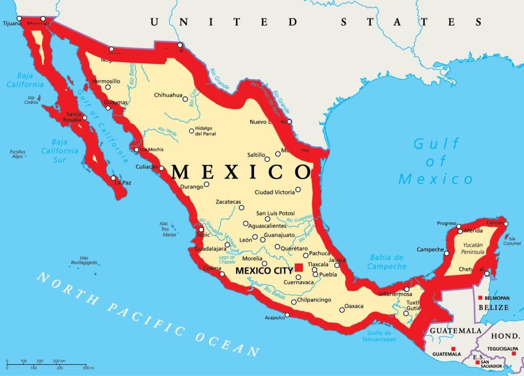 Map of Mexico showing restricted zones - 50km from coast and 100km from borders