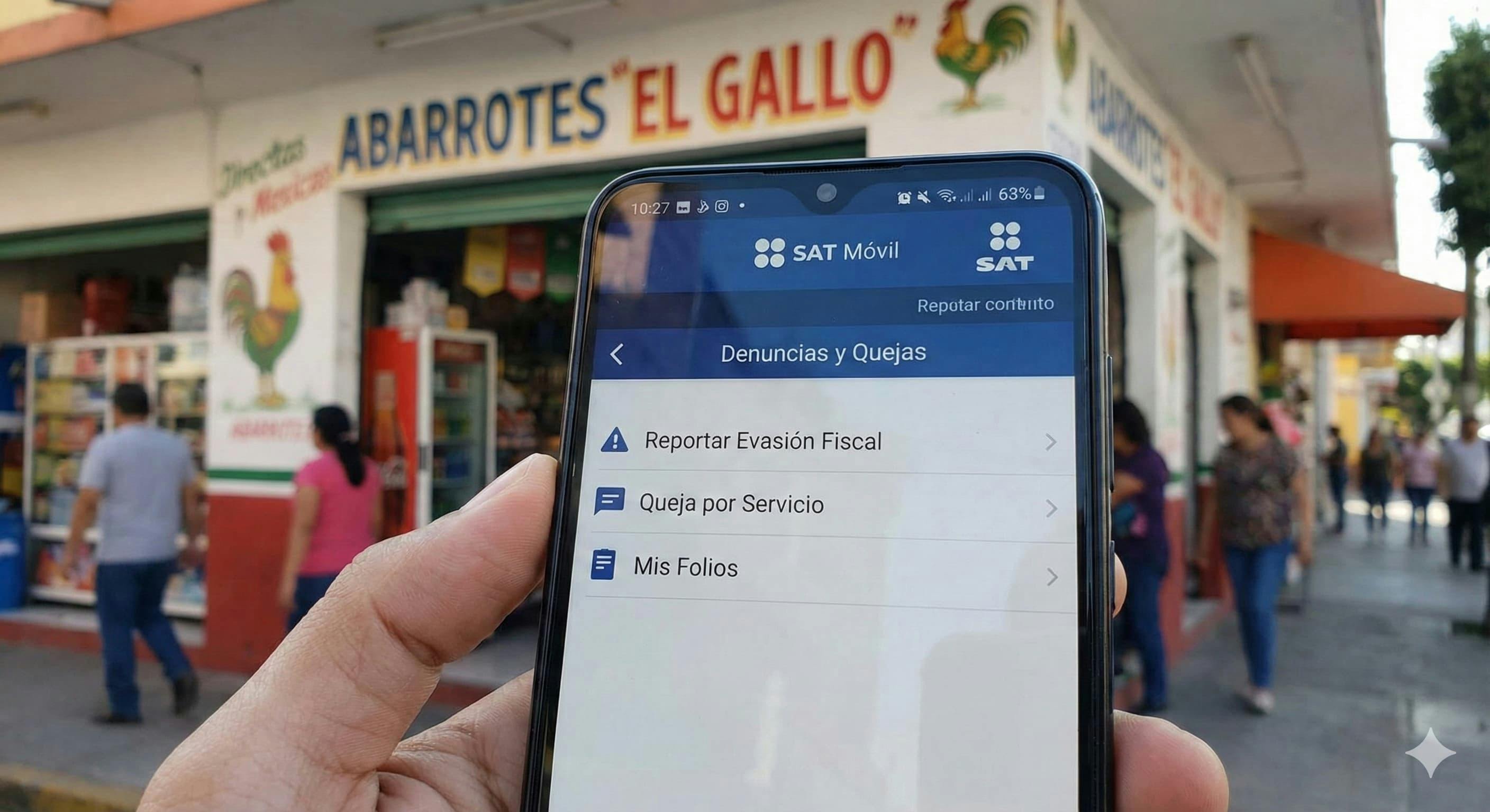 A smartphone screen showing the SAT mobile app with the complaints/reports section visible. The phone is being held by someone's hand with a Mexican storefront blurred in the background.