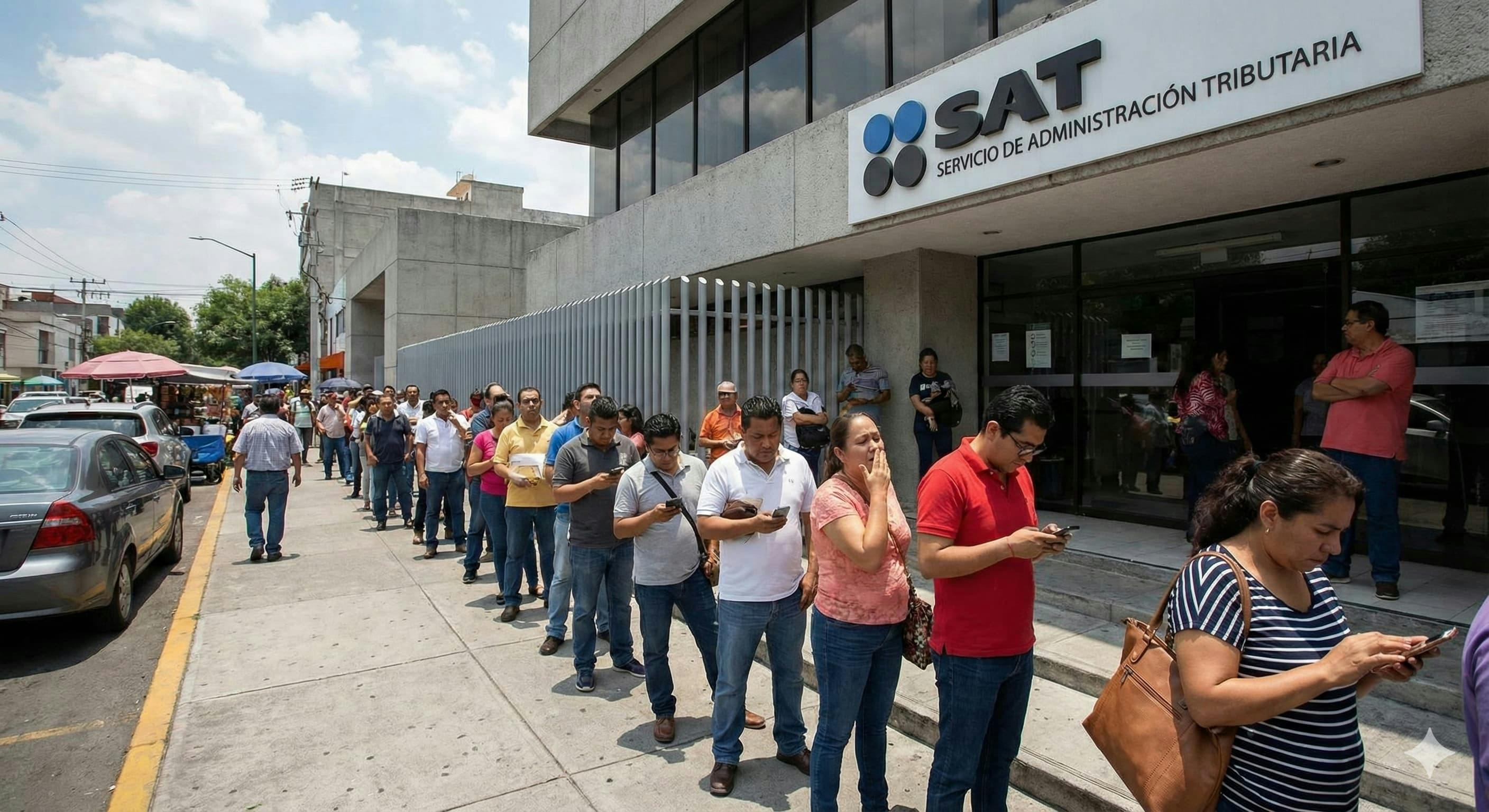 A long line of people waiting outside a SAT office building in Mexico, with people looking frustrated and checking their phones. The SAT logo is visible on the building.