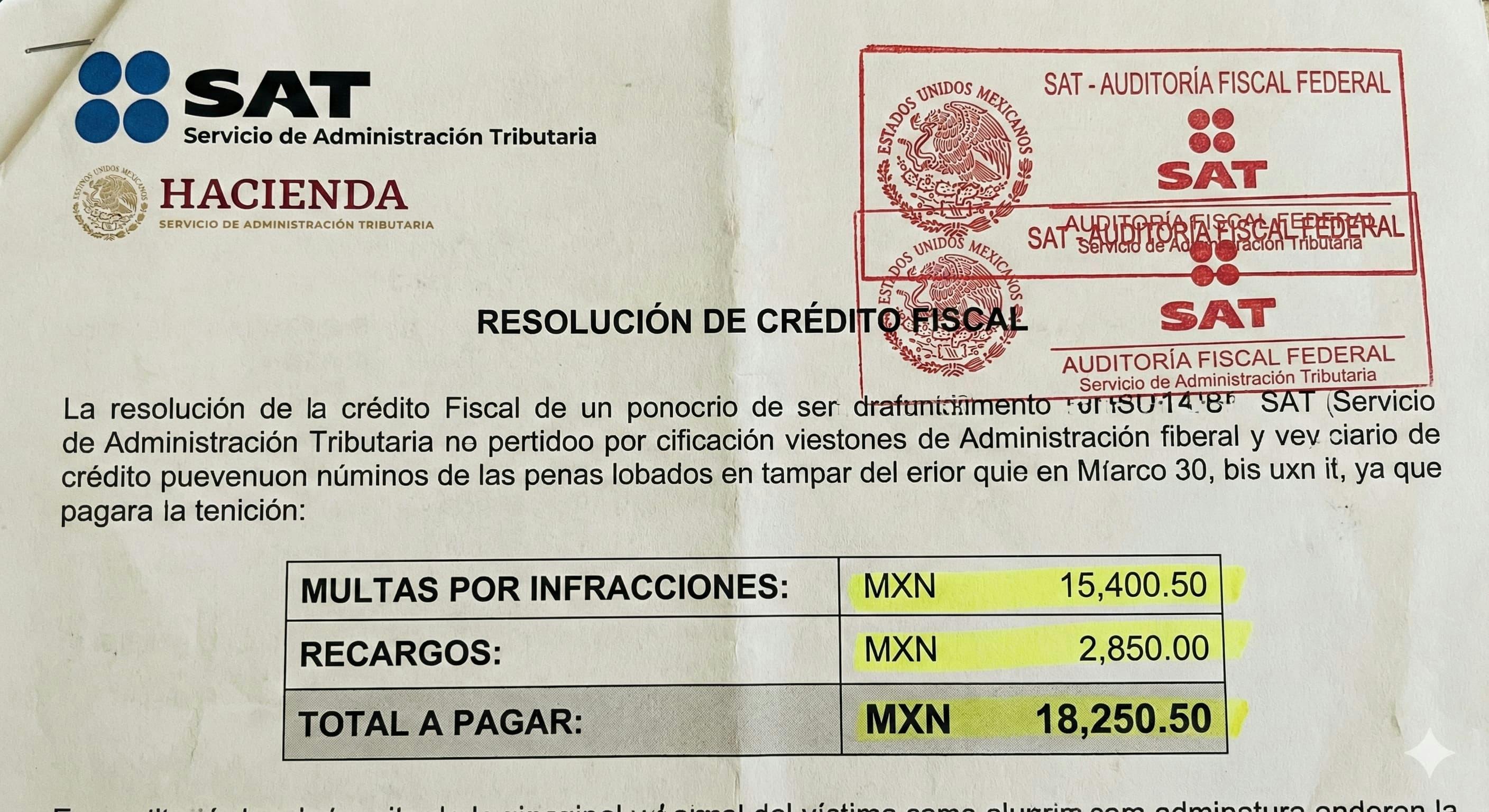 A close-up of an official Mexican government document showing penalty amounts, with the SAT logo and official stamps visible. Peso amounts are highlighted.