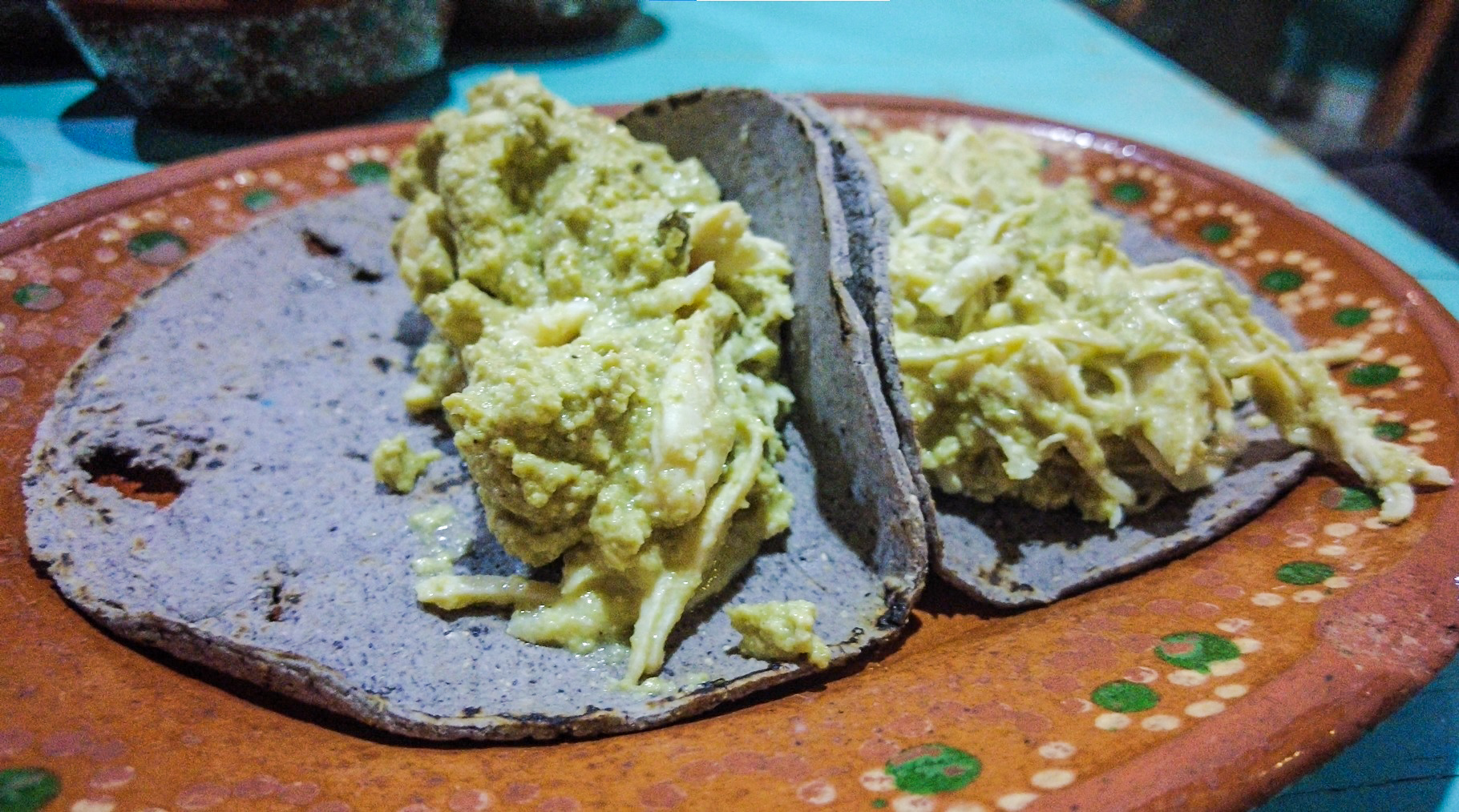Blue corn tortilla tacos with Pipian sauce