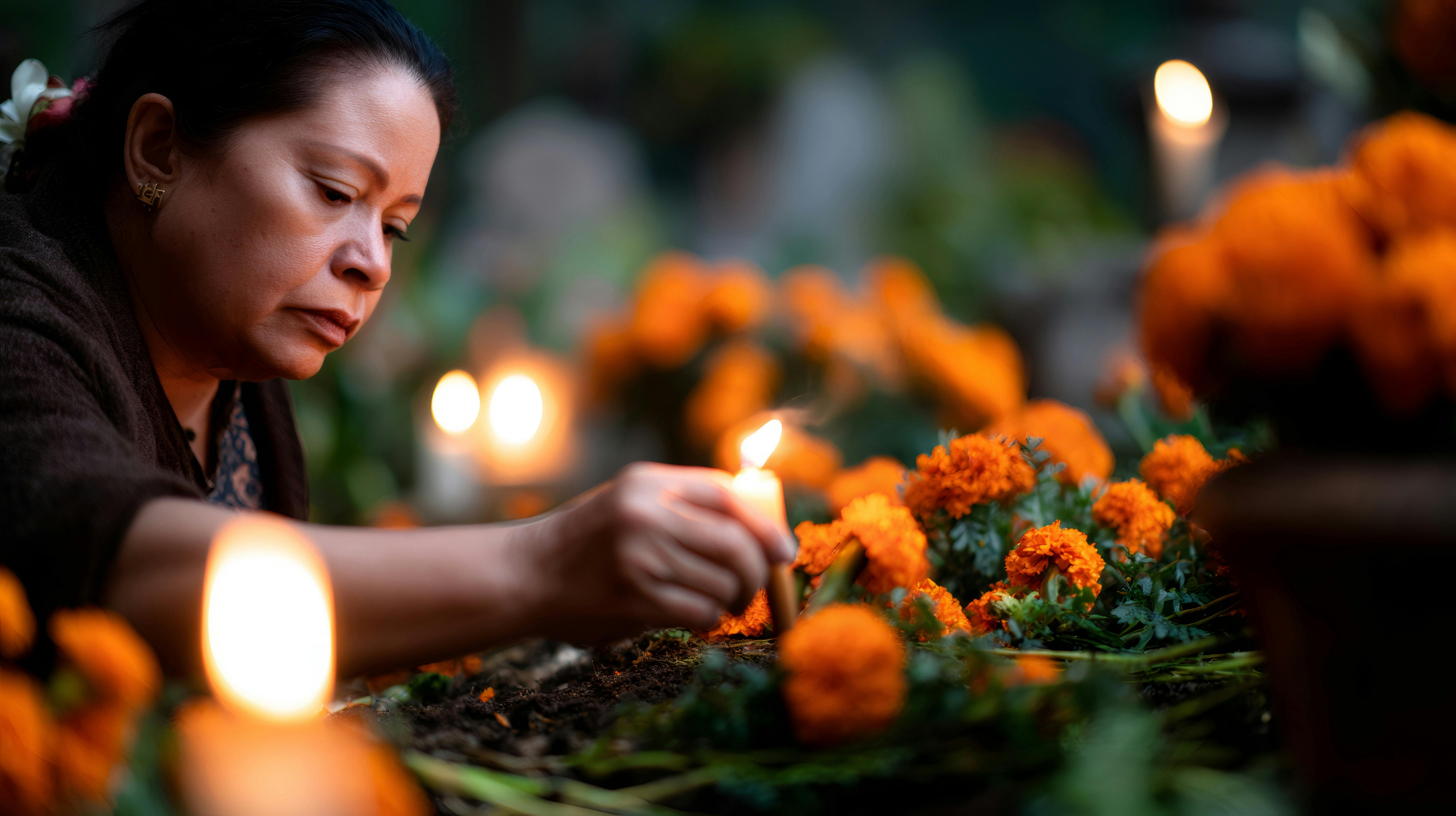 Traditional Day of the Dead celebration with families sharing food and mezcal at cemetery