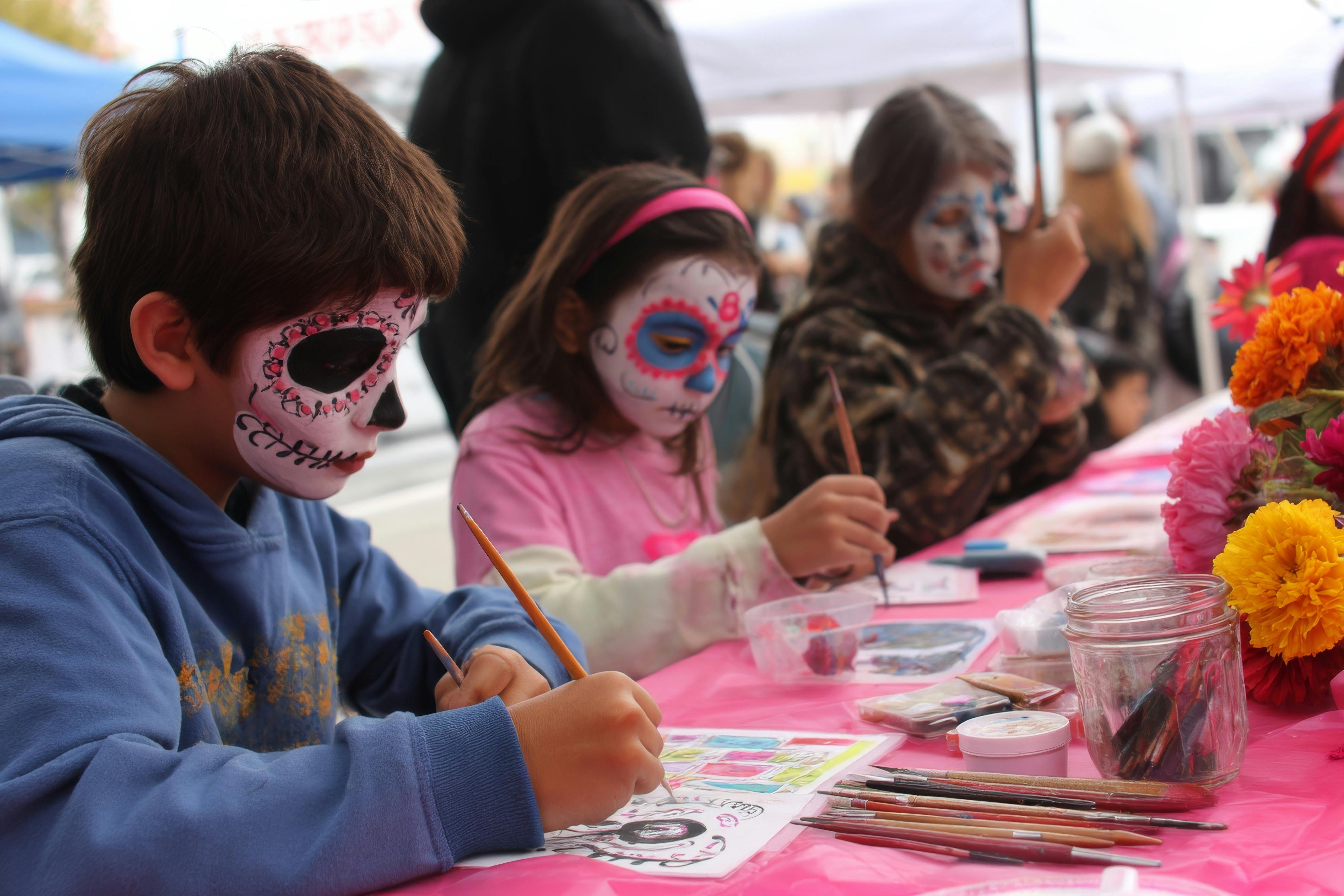 Children's altar decorated with toys, candy, and colorful papel picado