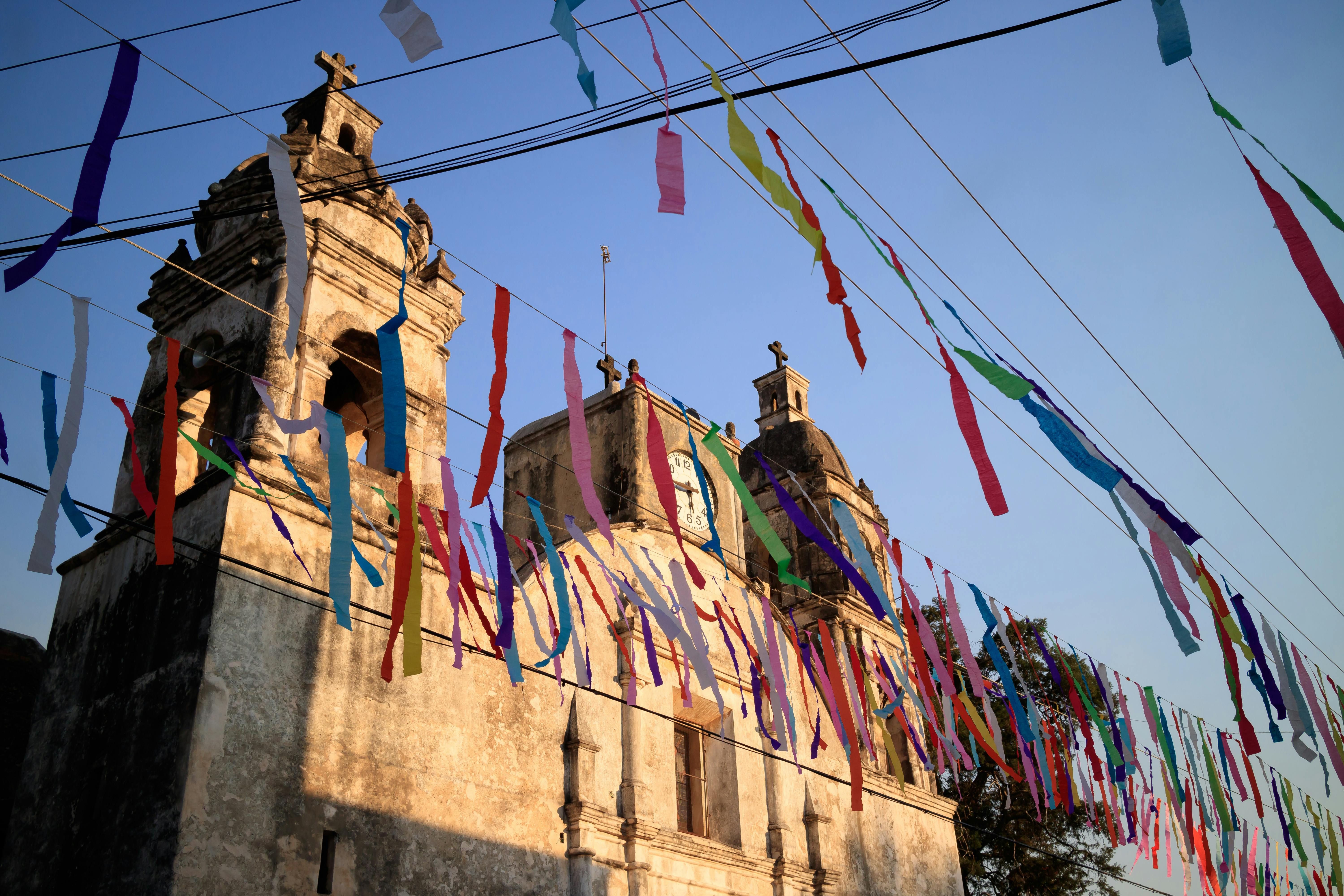Traditional Catholic church in Mexico decorated for Day of the Dead with skull imagery